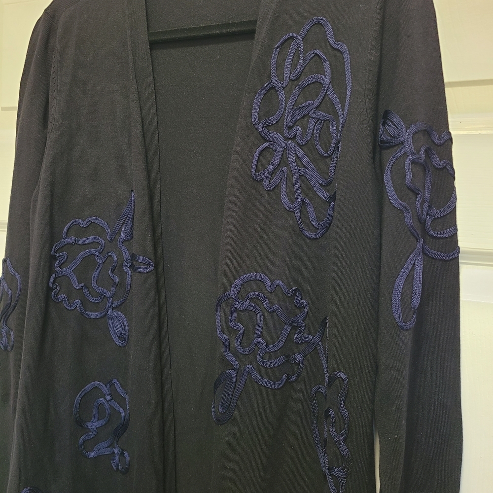 Chico's Black Cardigan Embroidered Navy Floral Design